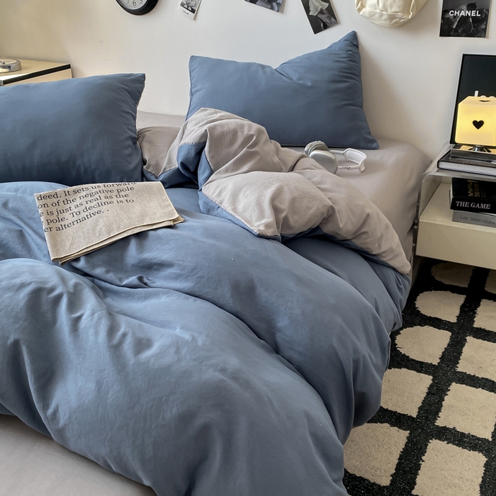 91家纺网 家纺一手货源 找家纺 夜笙家纺 2025新款水洗棉纯色双拼四件套 双拼-宝蓝灰