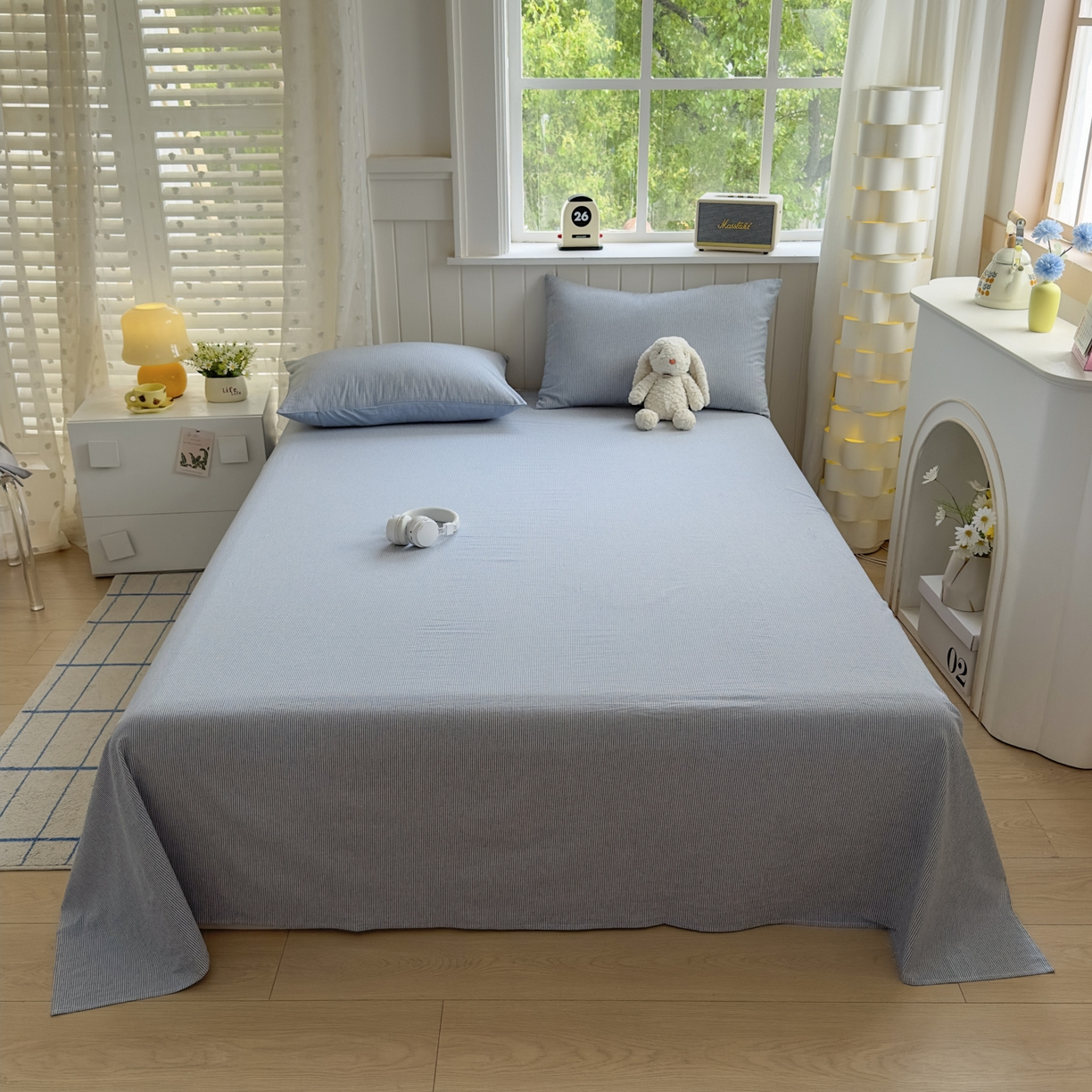 91家纺网 家纺一手货源 找家纺 晚依家纺 2025新款A类色织全棉水洗棉床单单件纯棉格子纯色学生宿舍定制定做 密条-浅蓝