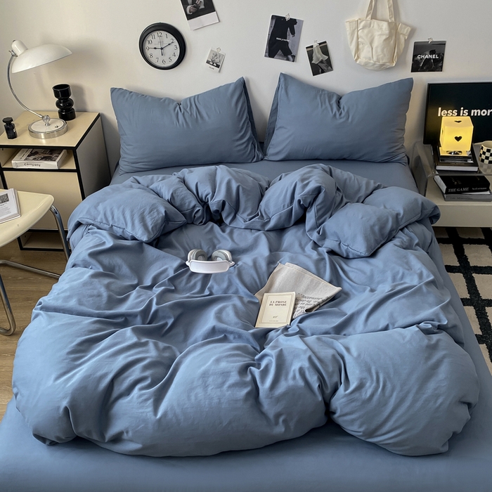 91家纺网 家纺一手货源 找家纺 夜笙家纺 2025新款水洗棉纯色双拼四件套 双拼-宾利蓝