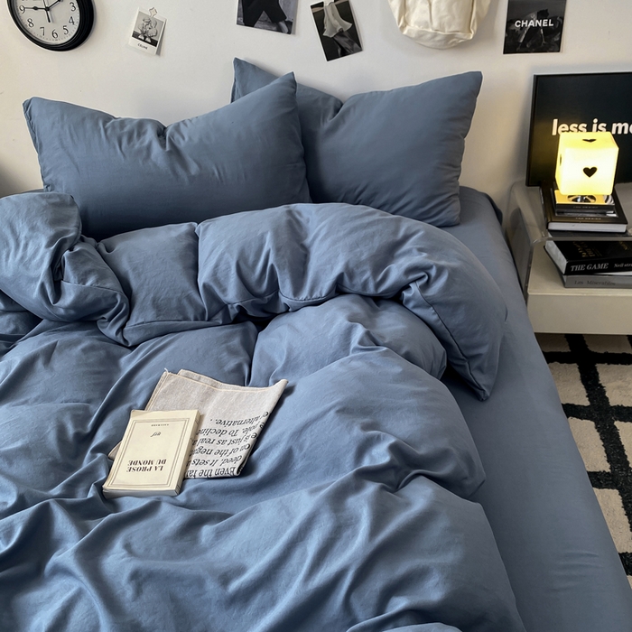 91家纺网 家纺一手货源 找家纺 夜笙家纺 2025新款水洗棉纯色双拼四件套 双拼-宾利蓝