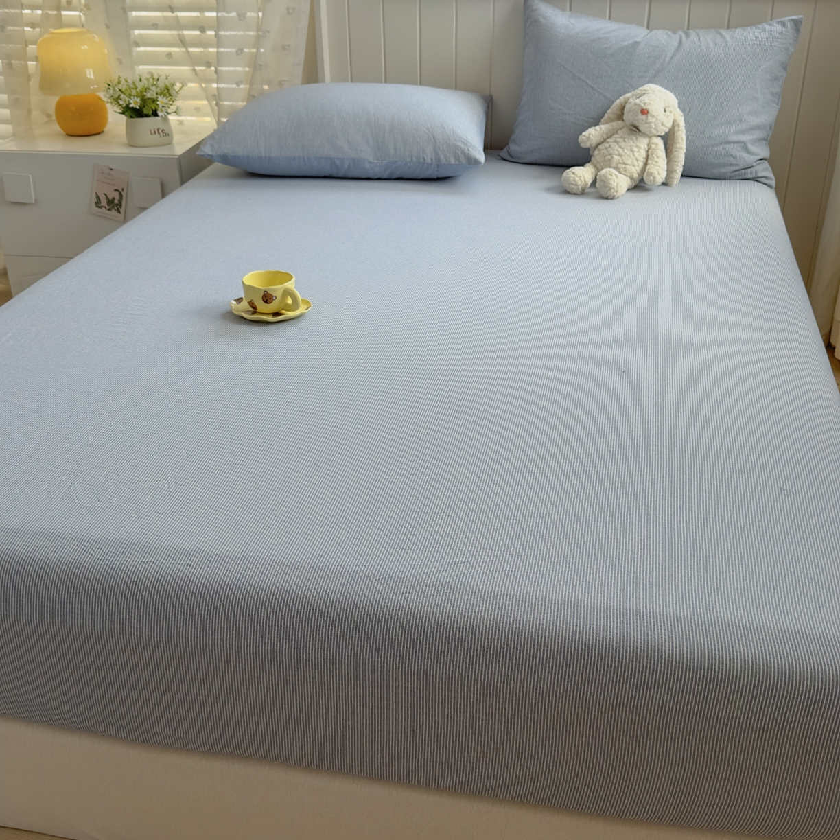 91家纺网 家纺一手货源 找家纺 晚依家纺 2025新款A类色织全棉水洗棉床单单件纯棉格子纯色学生宿舍定制定做 密条-浅蓝