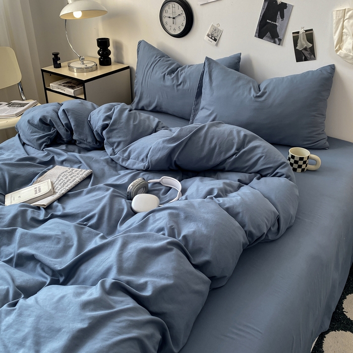 91家纺网 家纺一手货源 找家纺 夜笙家纺 2025新款水洗棉纯色双拼四件套 双拼-宾利蓝