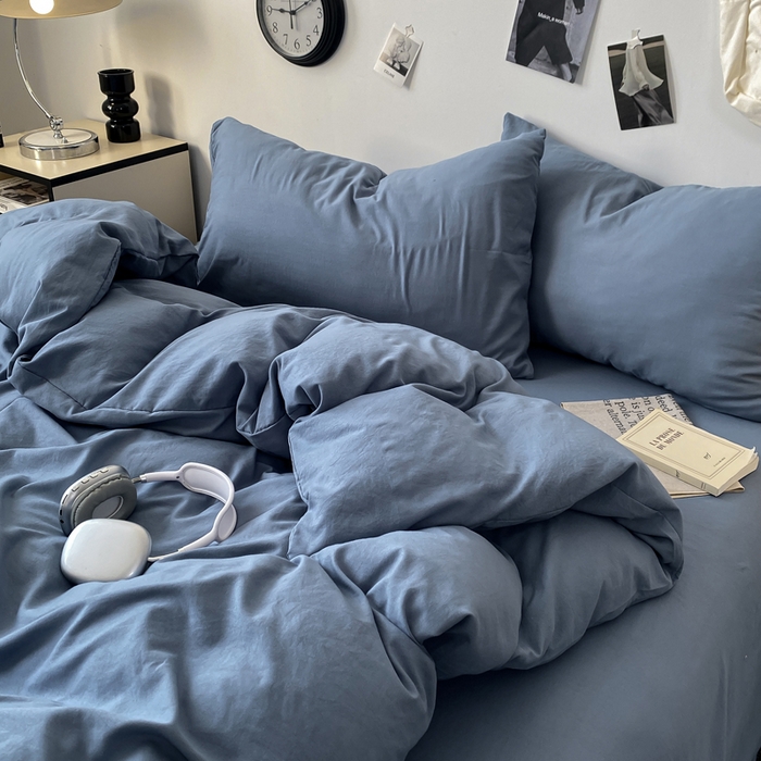 91家纺网 家纺一手货源 找家纺 夜笙家纺 2025新款水洗棉纯色双拼四件套 双拼-宾利蓝