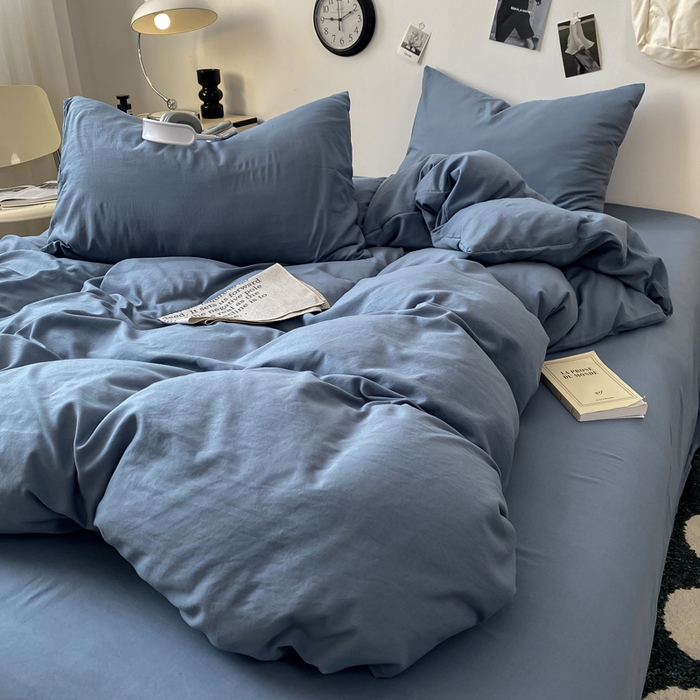 91家纺网 家纺一手货源 找家纺 夜笙家纺 2025新款水洗棉纯色双拼四件套 双拼-宾利蓝