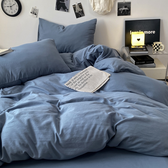 91家纺网 家纺一手货源 找家纺 夜笙家纺 2025新款水洗棉纯色双拼四件套 双拼-宾利蓝