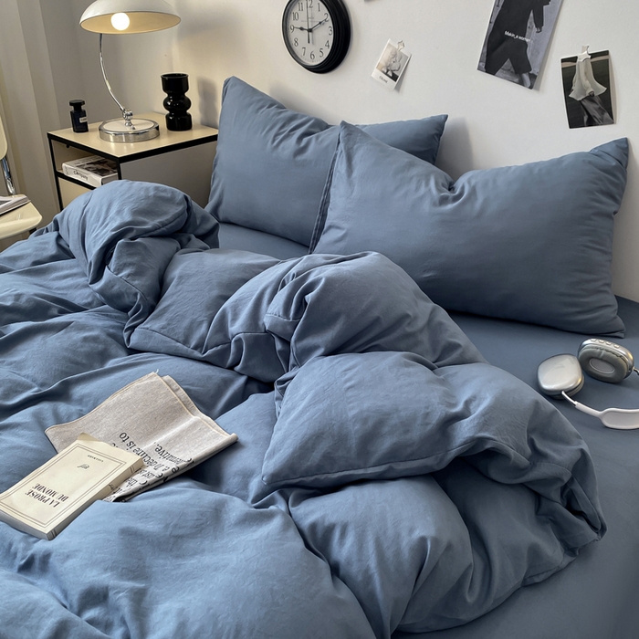 91家纺网 家纺一手货源 找家纺 夜笙家纺 2025新款水洗棉纯色双拼四件套 双拼-宾利蓝