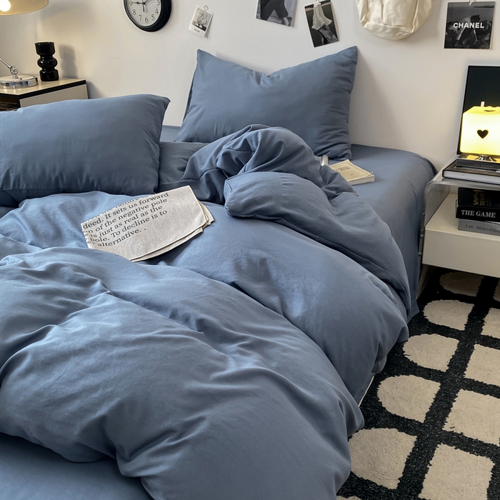 91家纺网 家纺一手货源 找家纺 夜笙家纺 2025新款水洗棉纯色双拼四件套 双拼-宾利蓝