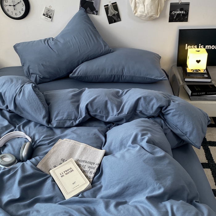 91家纺网 家纺一手货源 找家纺 夜笙家纺 2025新款水洗棉纯色双拼四件套 双拼-宾利蓝