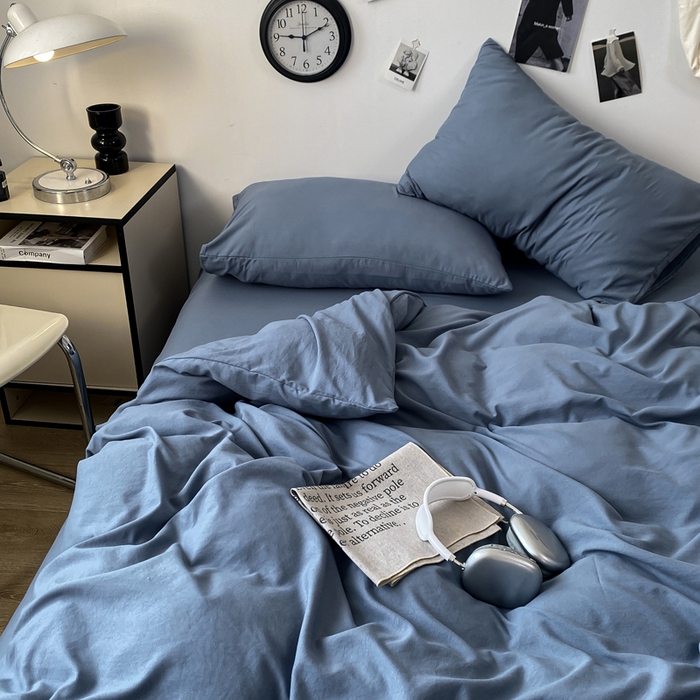 91家纺网 家纺一手货源 找家纺 夜笙家纺 2025新款水洗棉纯色双拼四件套 双拼-宾利蓝