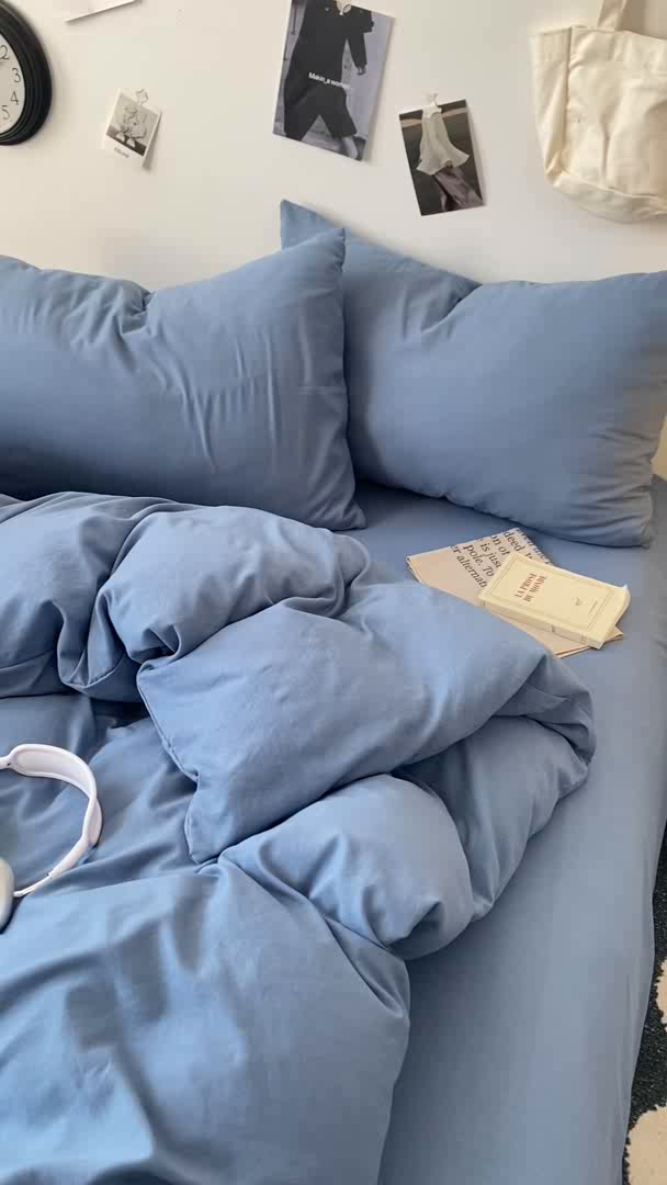 91家纺网 家纺一手货源 找家纺 夜笙家纺 2025新款水洗棉纯色双拼四件套 双拼-宾利蓝