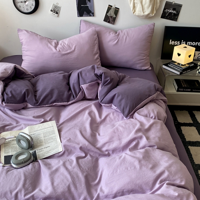 91家纺网 家纺一手货源 找家纺 夜笙家纺 2025新款水洗棉纯色双拼四件套 双拼-丁香雨雾