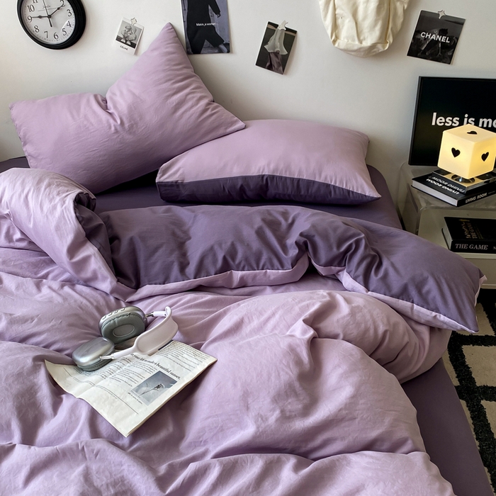 91家纺网 家纺一手货源 找家纺 夜笙家纺 2025新款水洗棉纯色双拼四件套 双拼-丁香雨雾