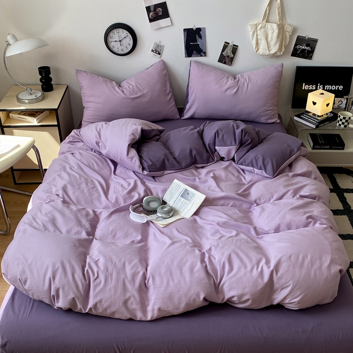 91家纺网 家纺一手货源 找家纺 夜笙家纺 2025新款水洗棉纯色双拼四件套 双拼-丁香雨雾