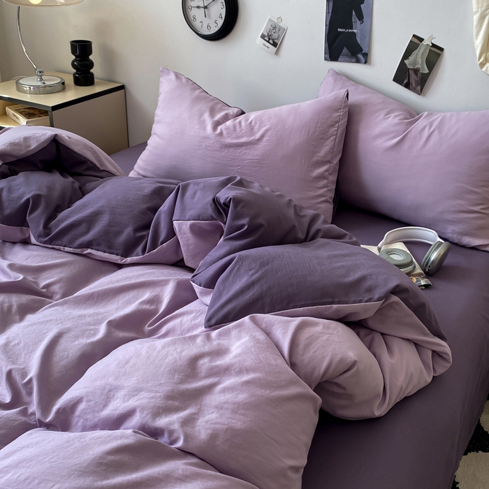 91家纺网 家纺一手货源 找家纺 夜笙家纺 2025新款水洗棉纯色双拼四件套 双拼-丁香雨雾