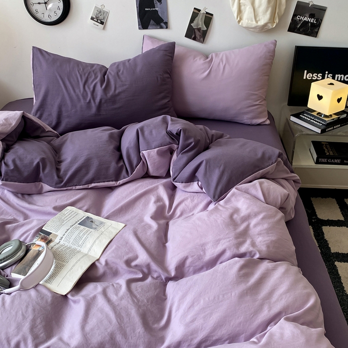 91家纺网 家纺一手货源 找家纺 夜笙家纺 2025新款水洗棉纯色双拼四件套 双拼-丁香雨雾