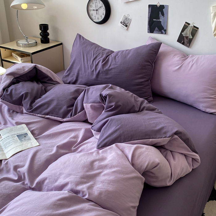 91家纺网 家纺一手货源 找家纺 夜笙家纺 2025新款水洗棉纯色双拼四件套 双拼-丁香雨雾