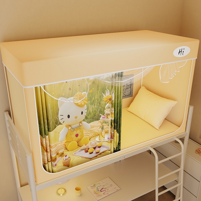 91家纺网 家纺一手货源 找家纺 安金蚊帐2025新款防蚊遮光一体99%强遮光学生宿舍上下铺遮光学生蚊帐-黄色系列 野餐猫