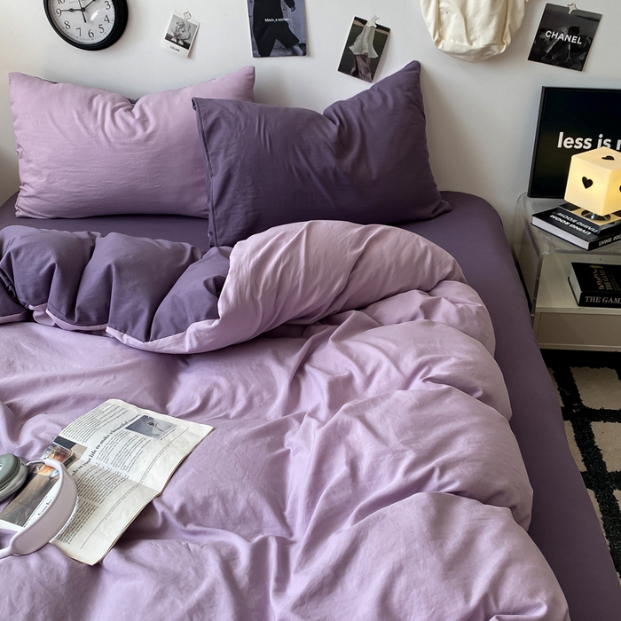 91家纺网 家纺一手货源 找家纺 夜笙家纺 2025新款水洗棉纯色双拼四件套 双拼-丁香雨雾