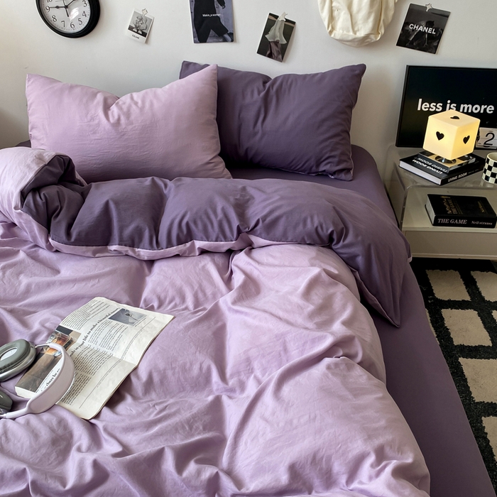 91家纺网 家纺一手货源 找家纺 夜笙家纺 2025新款水洗棉纯色双拼四件套 双拼-丁香雨雾