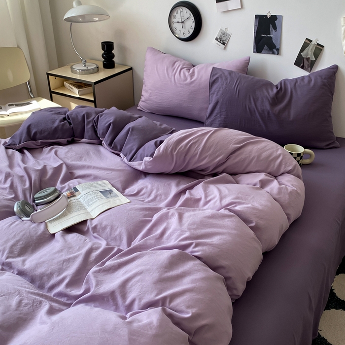 91家纺网 家纺一手货源 找家纺 夜笙家纺 2025新款水洗棉纯色双拼四件套 双拼-丁香雨雾