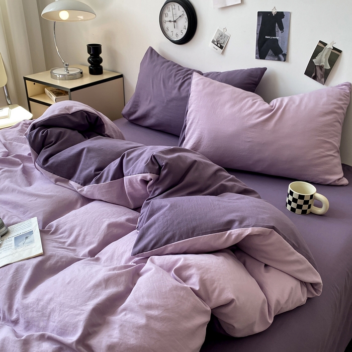 91家纺网 家纺一手货源 找家纺 夜笙家纺 2025新款水洗棉纯色双拼四件套 双拼-丁香雨雾