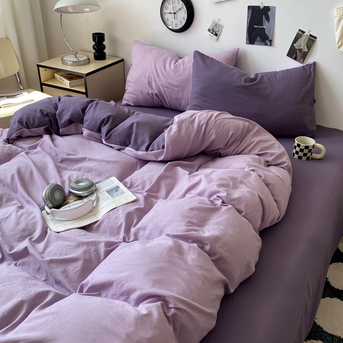 91家纺网 家纺一手货源 找家纺 夜笙家纺 2025新款水洗棉纯色双拼四件套 双拼-丁香雨雾