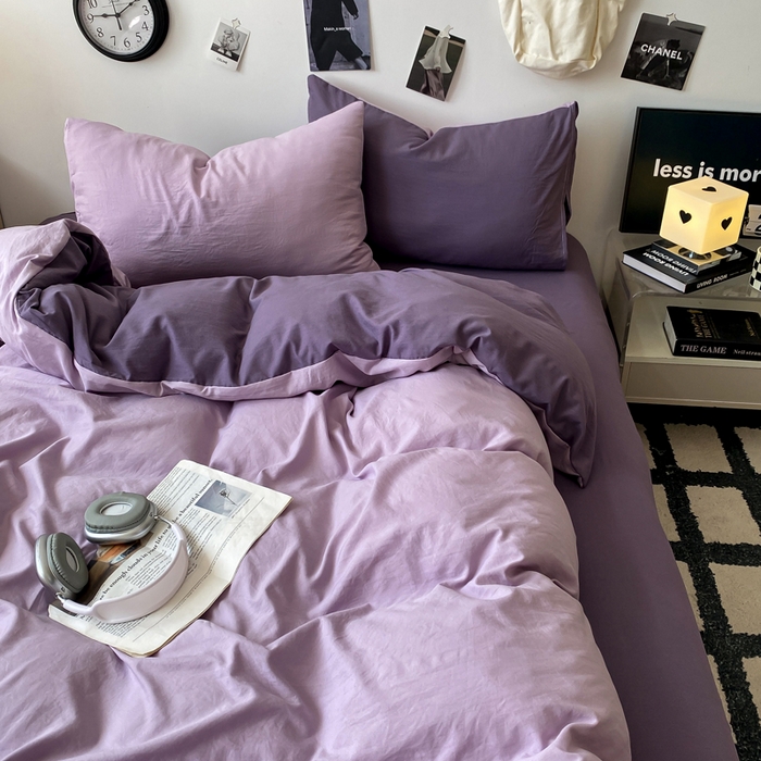 91家纺网 家纺一手货源 找家纺 夜笙家纺 2025新款水洗棉纯色双拼四件套 双拼-丁香雨雾