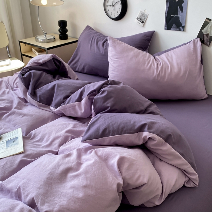 91家纺网 家纺一手货源 找家纺 夜笙家纺 2025新款水洗棉纯色双拼四件套 双拼-丁香雨雾