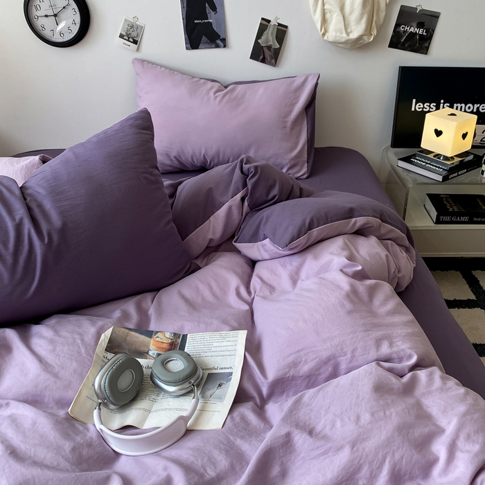 91家纺网 家纺一手货源 找家纺 夜笙家纺 2025新款水洗棉纯色双拼四件套 双拼-丁香雨雾