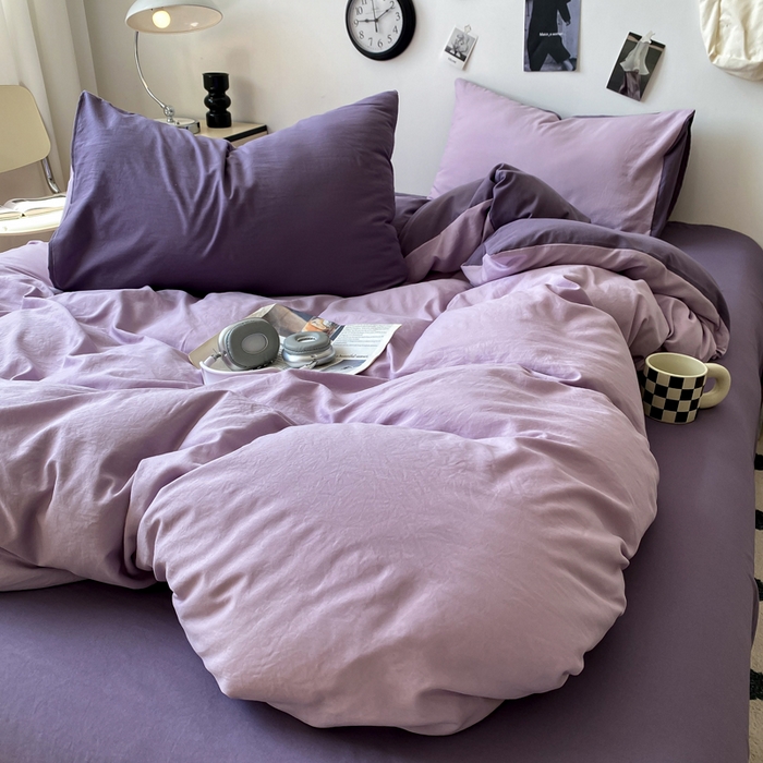 91家纺网 家纺一手货源 找家纺 夜笙家纺 2025新款水洗棉纯色双拼四件套 双拼-丁香雨雾