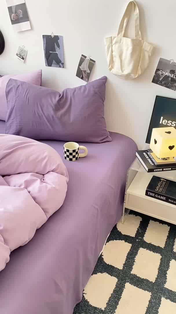 91家纺网 家纺一手货源 找家纺 夜笙家纺 2025新款水洗棉纯色双拼四件套 双拼-丁香雨雾