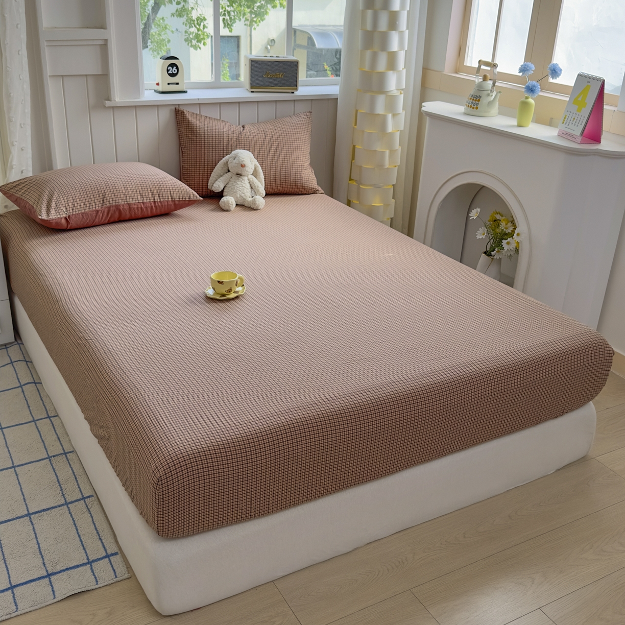 91家纺网 家纺一手货源 找家纺 晚依家纺 2025新款A类色织全棉水洗棉床单单件纯棉格子纯色学生宿舍定制定做 沐风-粉红