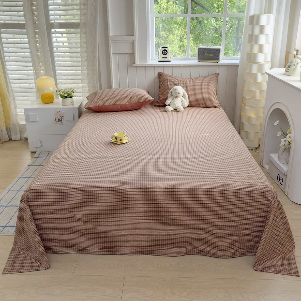 91家纺网 家纺一手货源 找家纺 晚依家纺 2025新款A类色织全棉水洗棉床单单件纯棉格子纯色学生宿舍定制定做 沐风-粉红