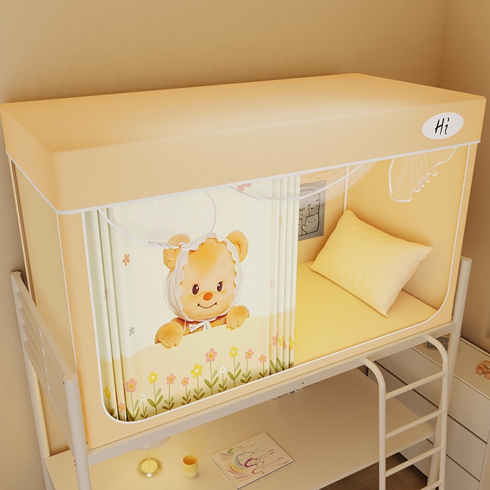 91家纺网 家纺一手货源 找家纺 安金蚊帐2025新款防蚊遮光一体99%强遮光学生宿舍上下铺遮光学生蚊帐-黄色系列 小花熊