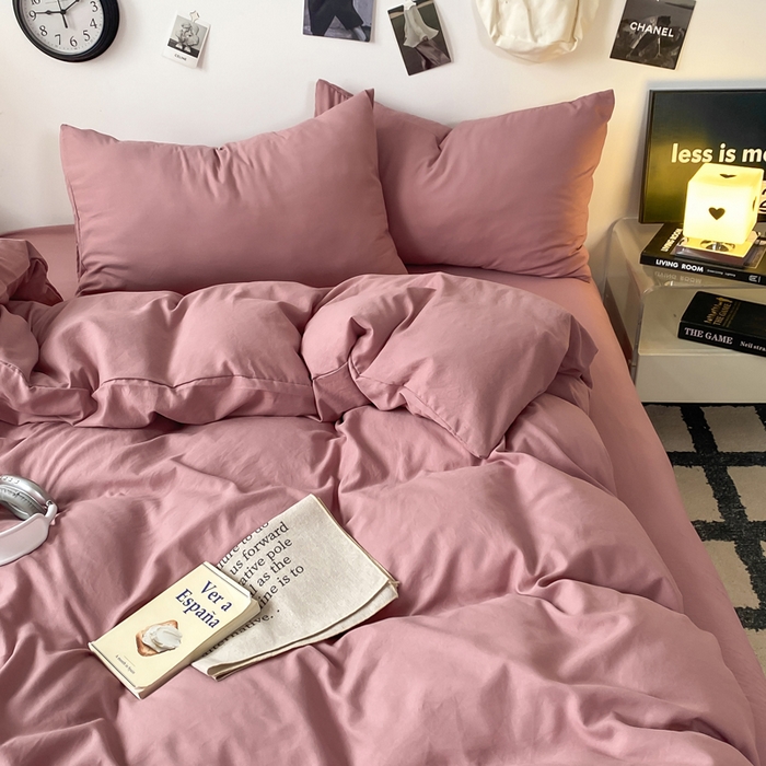 夜笙家纺 2025新款水洗棉纯色双拼四件套 双拼-豆沙