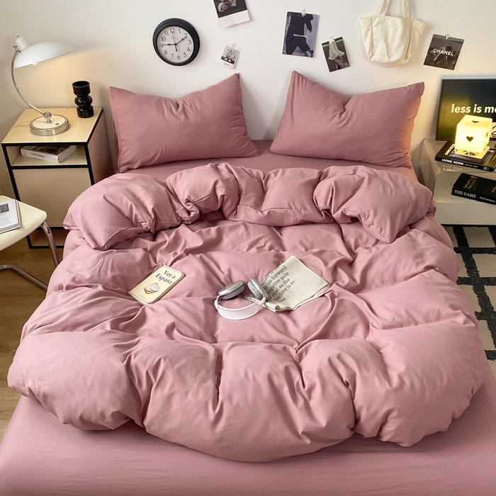 91家纺网 家纺一手货源 找家纺 夜笙家纺 2025新款水洗棉纯色双拼四件套 双拼-豆沙