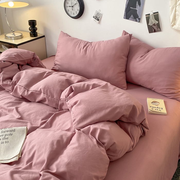 91家纺网 家纺一手货源 找家纺 夜笙家纺 2025新款水洗棉纯色双拼四件套 双拼-豆沙