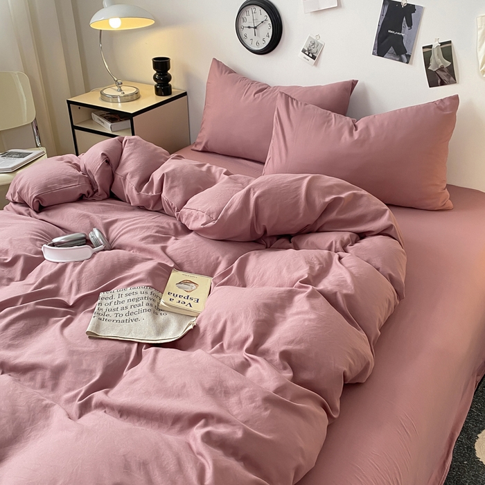 91家纺网 家纺一手货源 找家纺 夜笙家纺 2025新款水洗棉纯色双拼四件套 双拼-豆沙