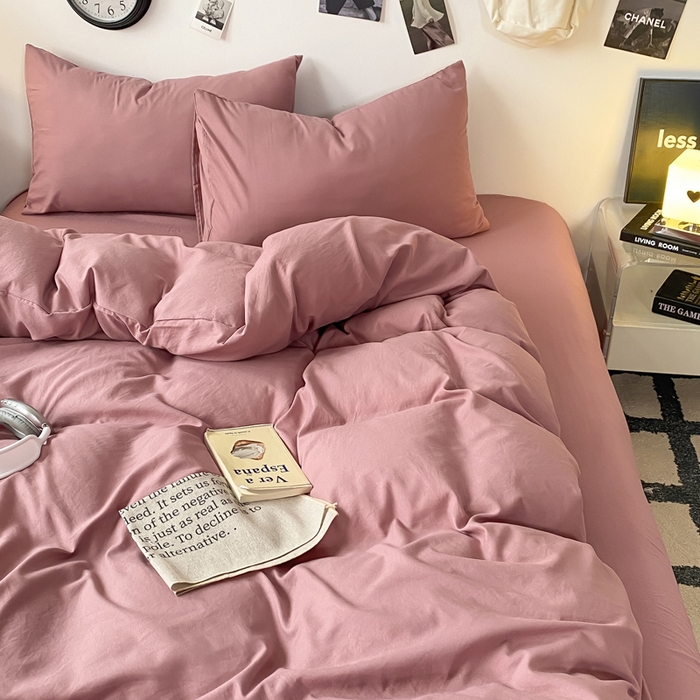 91家纺网 家纺一手货源 找家纺 夜笙家纺 2025新款水洗棉纯色双拼四件套 双拼-豆沙