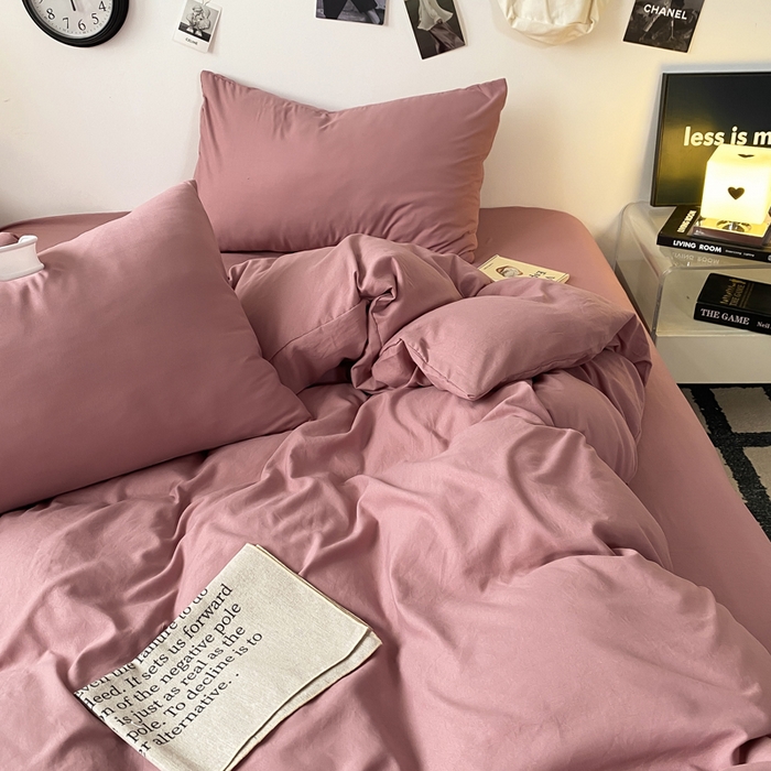 91家纺网 家纺一手货源 找家纺 夜笙家纺 2025新款水洗棉纯色双拼四件套 双拼-豆沙