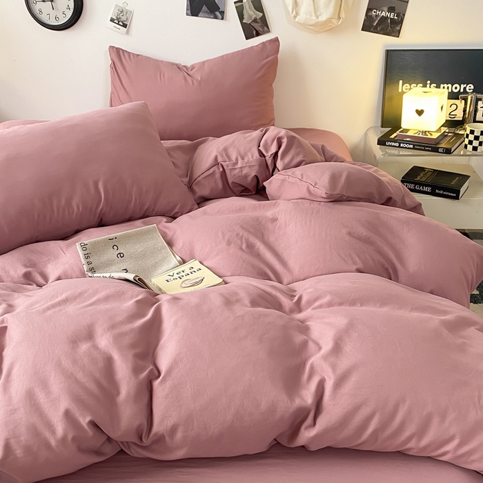 91家纺网 家纺一手货源 找家纺 夜笙家纺 2025新款水洗棉纯色双拼四件套 双拼-豆沙