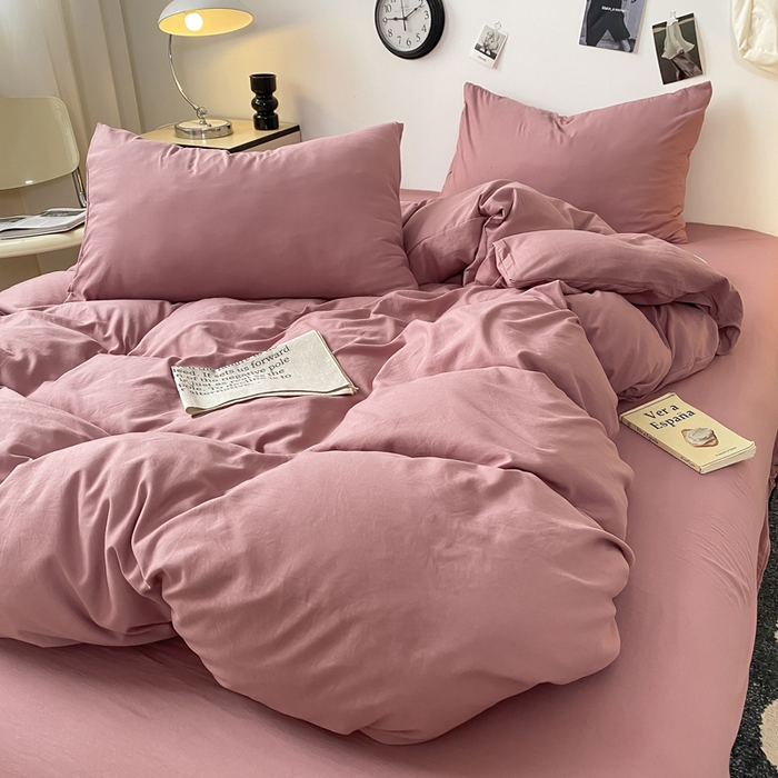 91家纺网 家纺一手货源 找家纺 夜笙家纺 2025新款水洗棉纯色双拼四件套 双拼-豆沙