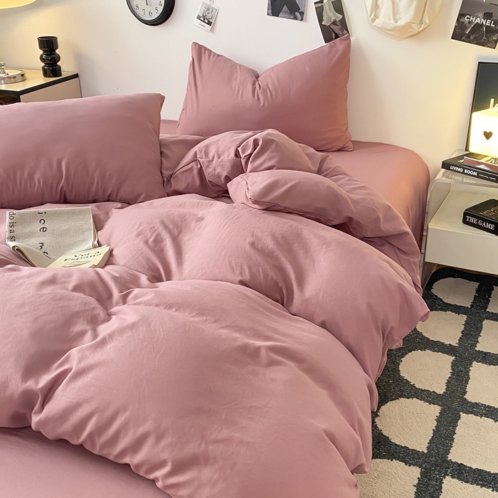 91家纺网 家纺一手货源 找家纺 夜笙家纺 2025新款水洗棉纯色双拼四件套 双拼-豆沙