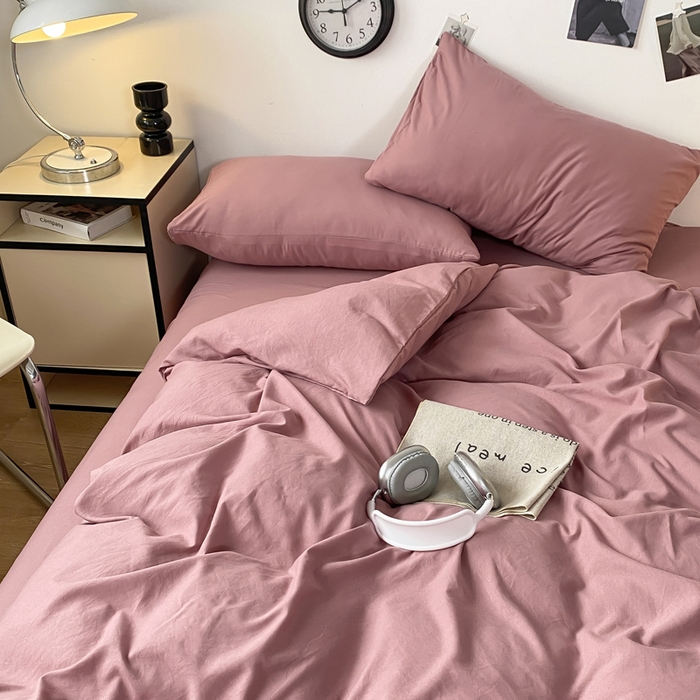 91家纺网 家纺一手货源 找家纺 夜笙家纺 2025新款水洗棉纯色双拼四件套 双拼-豆沙