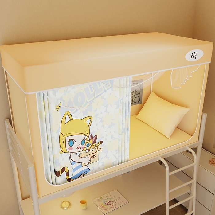 91家纺网 家纺一手货源 找家纺 安金蚊帐2025新款防蚊遮光一体99%强遮光学生宿舍上下铺遮光学生蚊帐-黄色系列 小猫莉