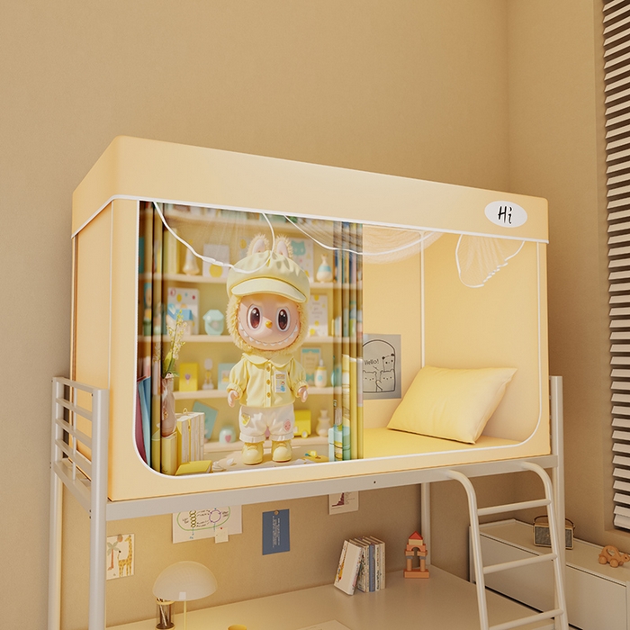 91家纺网 家纺一手货源 找家纺 安金蚊帐2025新款防蚊遮光一体99%强遮光学生宿舍上下铺遮光学生蚊帐-黄色系列 好学布布