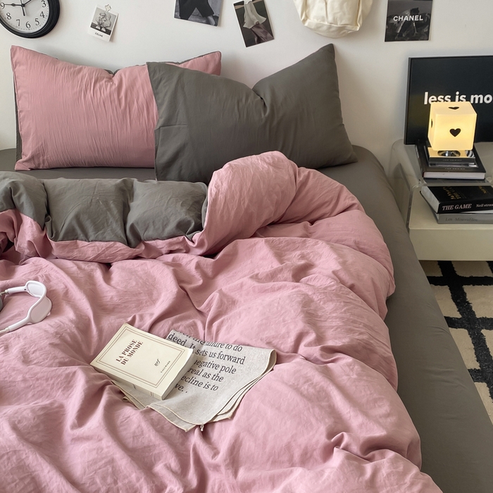 91家纺网 家纺一手货源 找家纺 夜笙家纺 2025新款水洗棉纯色双拼四件套 双拼-粉灰