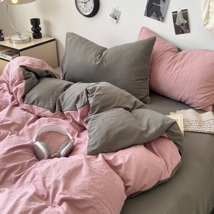 91家纺网 家纺一手货源 找家纺 夜笙家纺 2025新款水洗棉纯色双拼四件套 双拼-粉灰