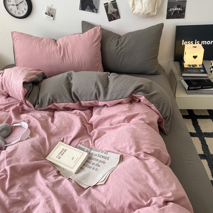 91家纺网 家纺一手货源 找家纺 夜笙家纺 2025新款水洗棉纯色双拼四件套 双拼-粉灰