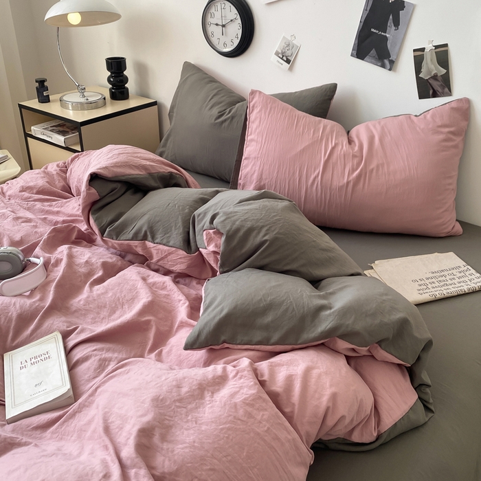 91家纺网 家纺一手货源 找家纺 夜笙家纺 2025新款水洗棉纯色双拼四件套 双拼-粉灰
